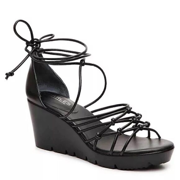 Charles David Black Tie Up Wedge Sandal - Picture 1 of 5